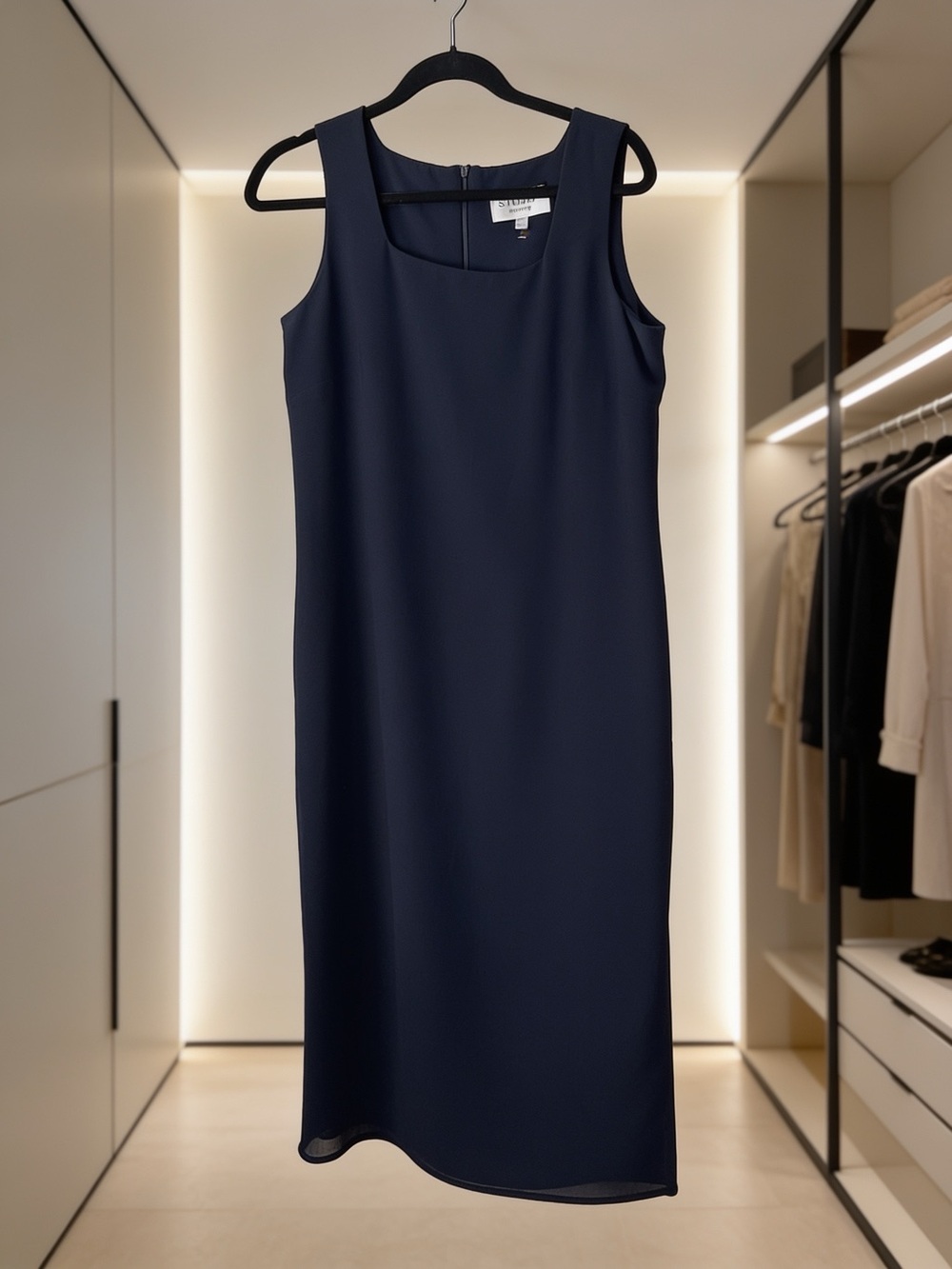 Studio I Sophisticated Black Sleeveless Shift Midi Dress